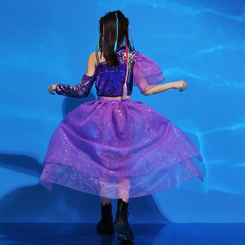 Fashion Girls' Walking Show Clothes ChildrenJazz Dance Performance Suit Hip-Hop Modern Dance Outfit Purple Sequin Top and Pants