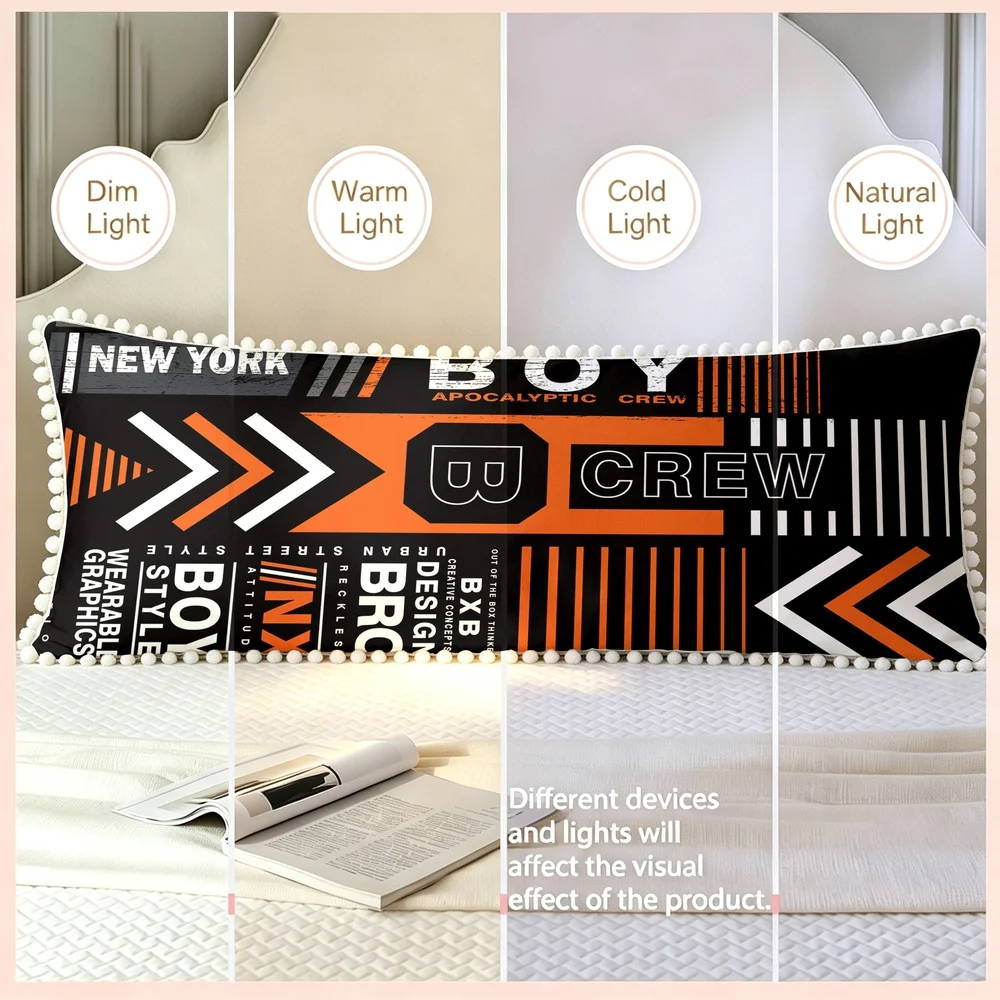 1PC Black Background with Orange White Text Geometric Pattern, Modern Street Style Typography Long Pillow Cover with Pom Pom T