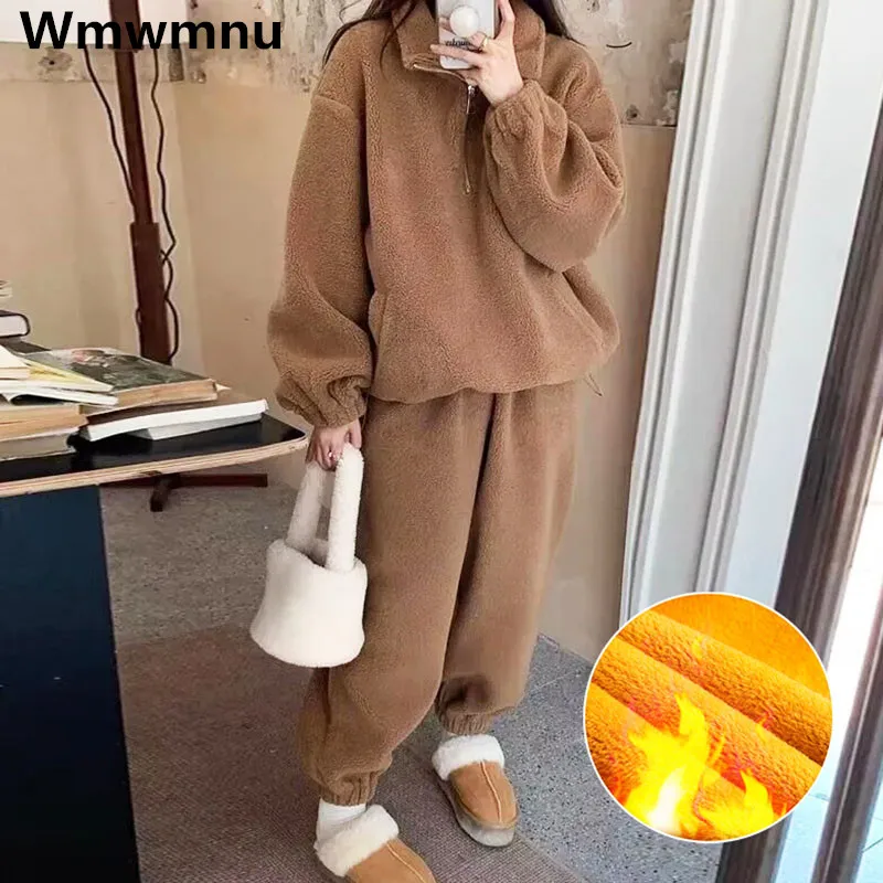 Warm Lambwool Tracksuit Two Piece Sets Womens Plush Sweatshirt Outfit Casual Thicken Velvet Baggy Joggers Ensemble New Whiter