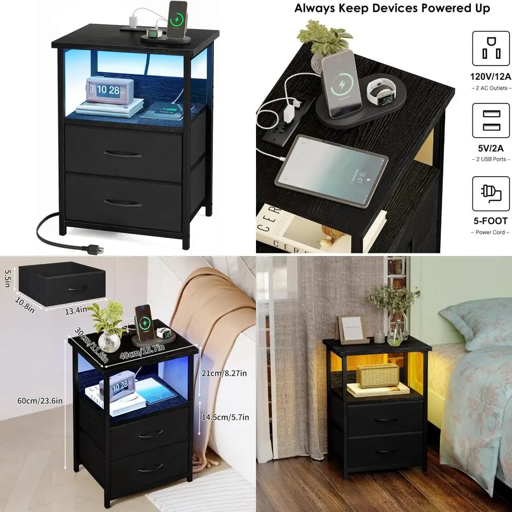 

Прикроватная тумбочка для зарядной станции со светодиодами, USB-портами и тканевыми ящиками для хранения вещей.