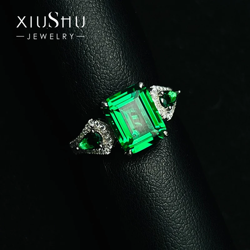 High grade green tourmaline, emerald cut 925 silver ring, women's set with high carbon diamond temperament jewelry