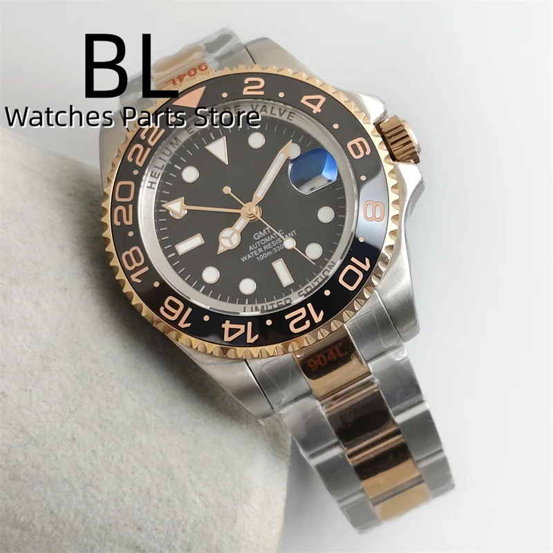 BLIGER 43mm GMT Watch Automatic Silver Rose Case With Chapter Ring Black Dial AR Blue Sapphire Glass Magnified Date Waterproof