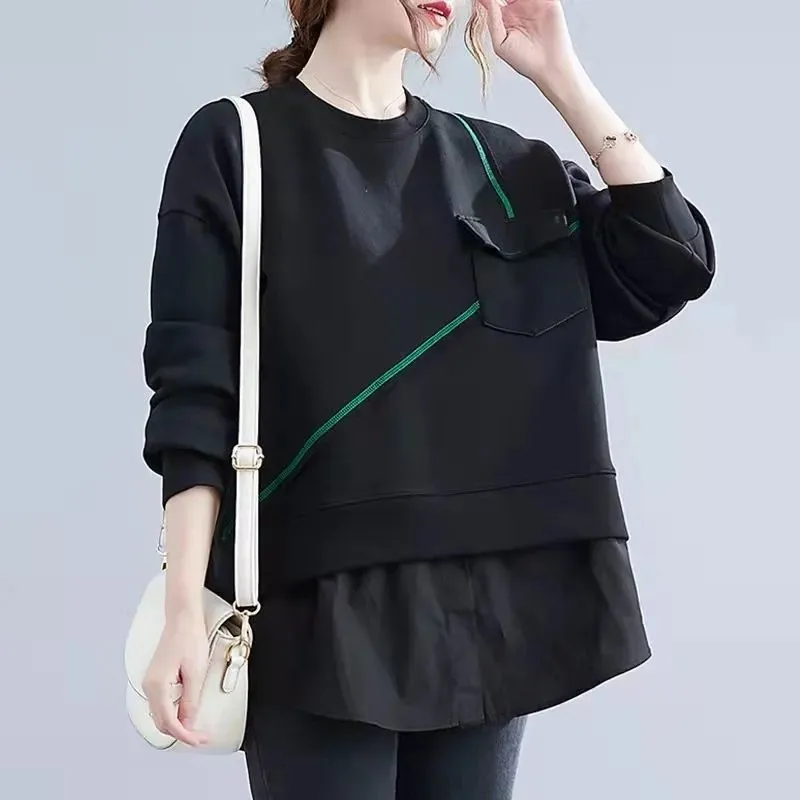 New 2022 Women's Fake Two Pieces Hoodie Spring Autumn  Cover Big Abdomen Loose Splicing Female Tops Leisure Bottoming Shirt