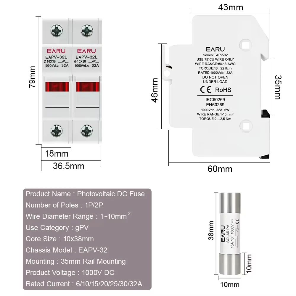 1P 2P Din Rail Solar PV DC Fuse Holders with Indicator Light suitable 10*38mm DC PV Fuse Link for Solar Photovoltaic System Pro