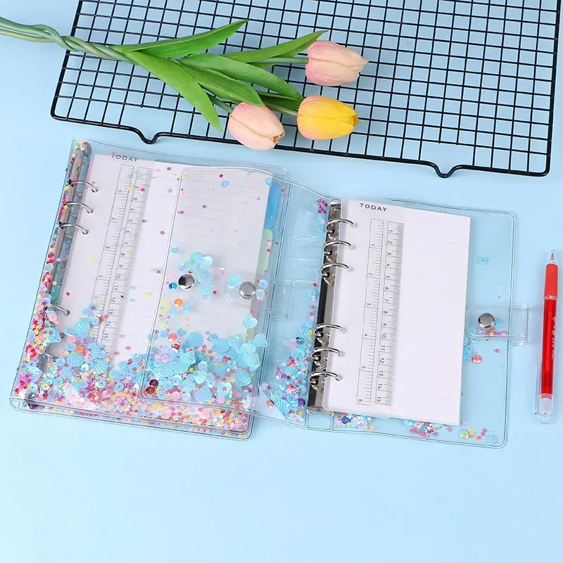 A5 A6 Transparent Notebook Cover Glitter Sequins 6 Rings Loose Leaf Binder Notebpad Kawaii Diary Journal Planner Office Supplies