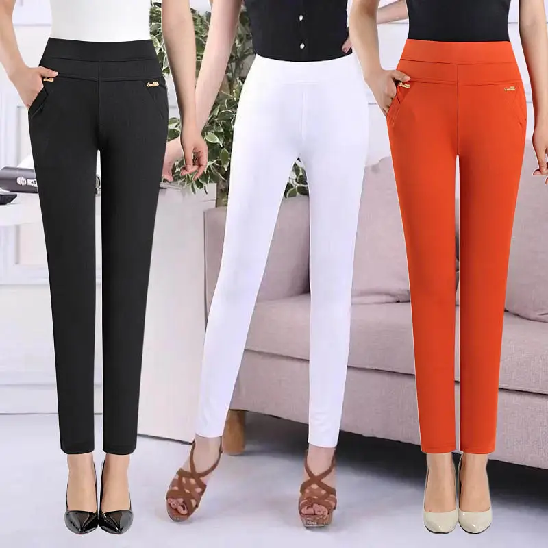 Pantalones elásticos coreanos de Color caramelo para mujer, Pantalones rectos de cintura alta, Pantalones de retazos con bolsillo, Pantalones clásicos delgados informales