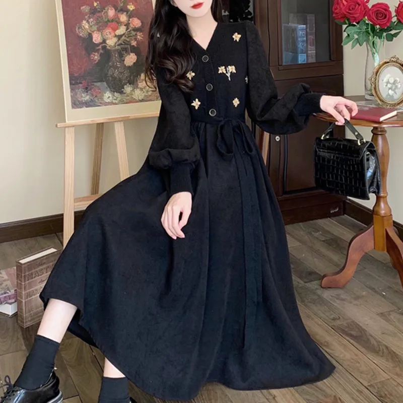 V-Ne Embroidered Floral Knitted Patchwork Corduroy Long Dr Autumn Winter plus Size Waist-Cinching Belted Dr for Coat