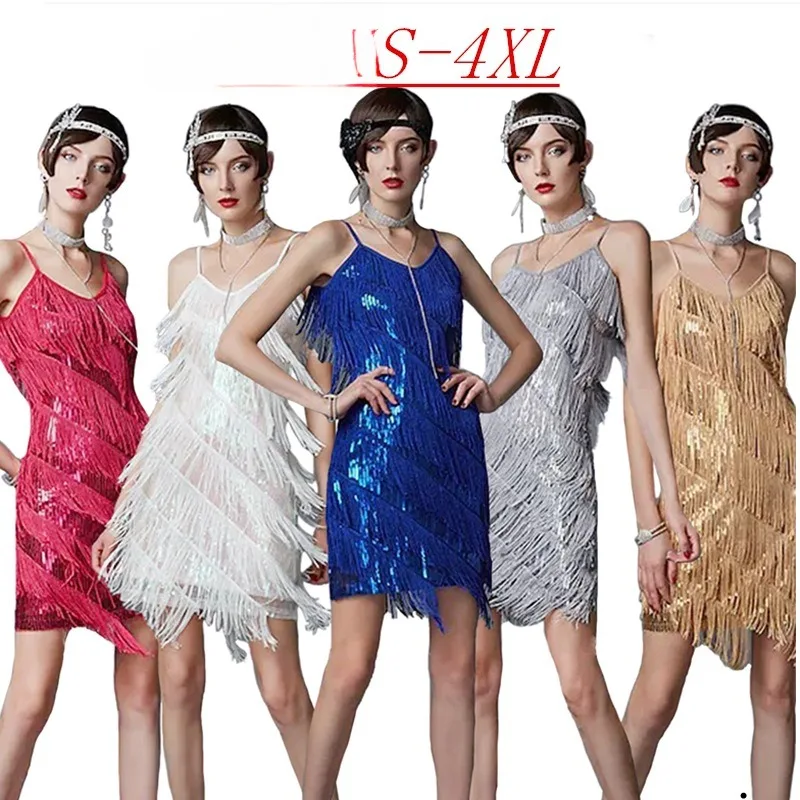 

Women's Fashion 1920S Gatsby Plus Size Dress Beaded Tassel V-neck Suspender Evening Dress Retro Sequined Dress Latin Dance