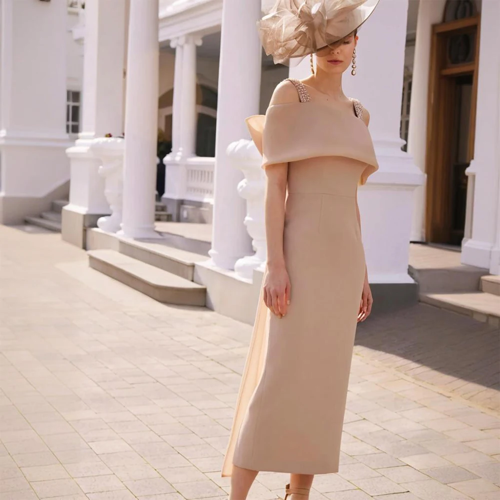 Customized Women's Cocktail Party Dress Off the Shoulder Wedding Guest Gowns Column Tea Length Crystal Mother of the Bride Dress