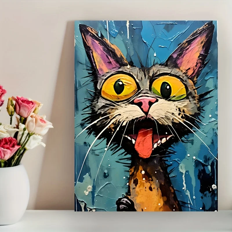 Whimsical Cat Art Canvas Print Frameless Wall Decor Rustic Farmhouse Wall Home Bedroom Living Room Office Room Decoration