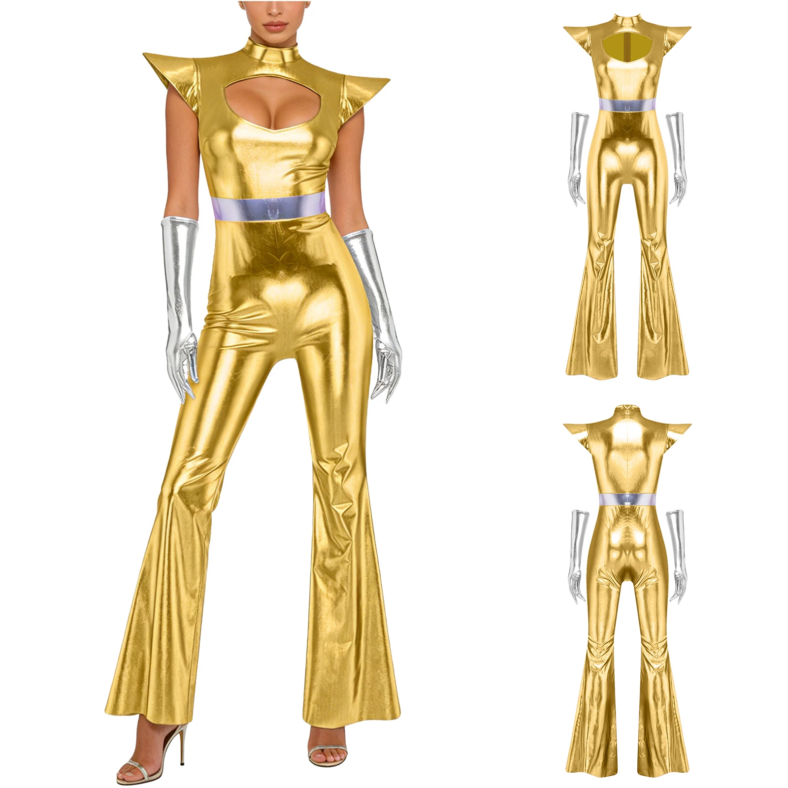 

Женский модный винтажный металлический комбинезон для джазовых и диско-танцев с перчатками, металлический костюм для Хэллоуина в стиле инопланетянина