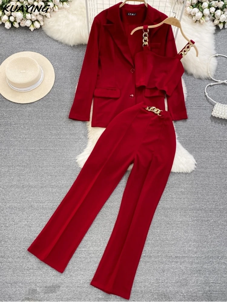 Korean Fashion Women Pantsuits Vintage Blazer Jackets Spaghetti Strap Vest Straight Pants 3 Pieces Set Female Formal Outfits New