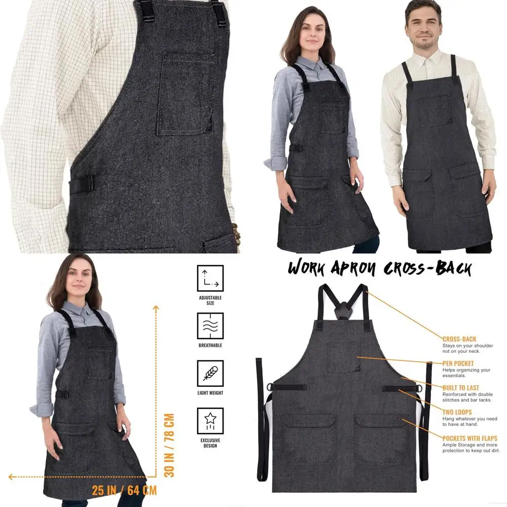 

Adjustable Black Denim Apron with 3 Pockets, Cross-back Straps, and Towel Loops for Chefs, Servers, and Bakers