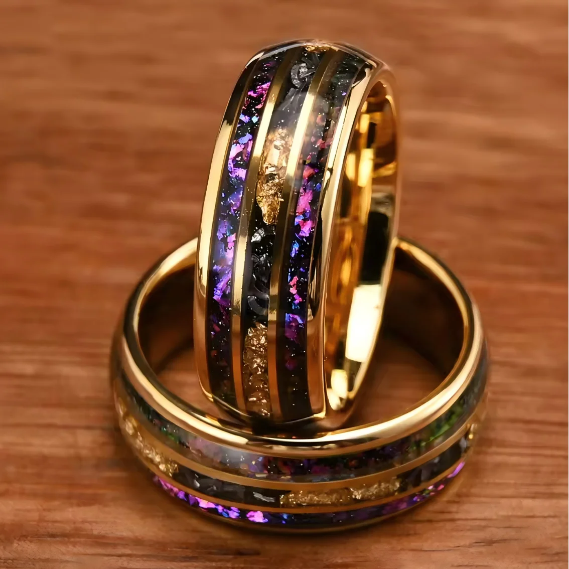 New Arrival 8mm Gold Plated Luxury Men Ring Inlay Gold Foil and Blue Opal Tungsten Carbide Ring for Men and Women Wedding Ring
