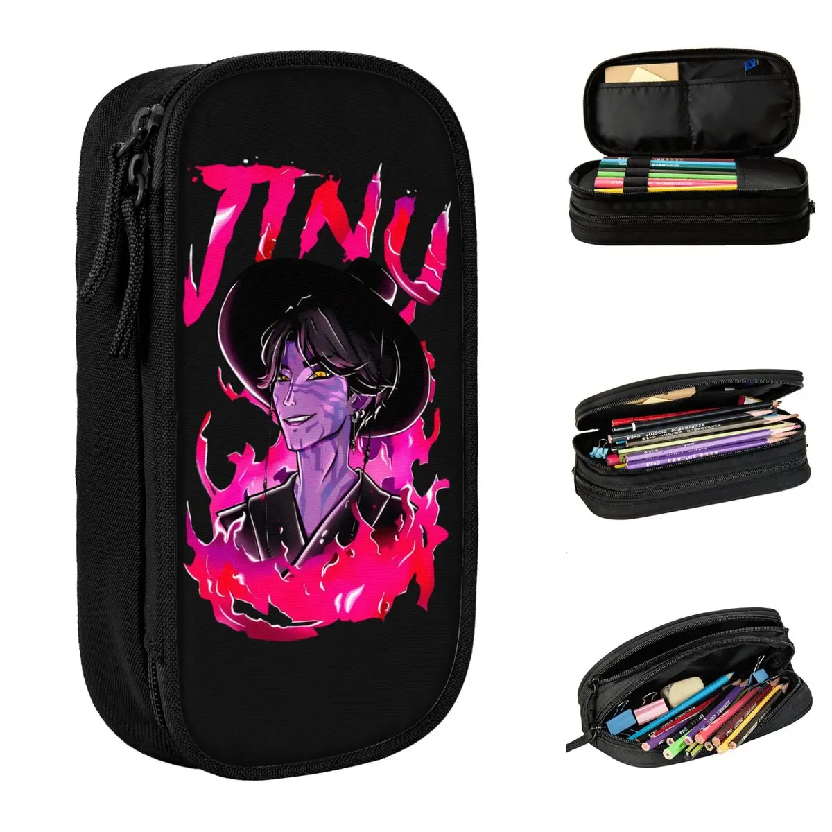 

Pencil Case Demon Hunters-Jinu Pink Flame Dark Anime Pencil Pouch School Pencil Cases Boy Girl Double Layer School Stationery