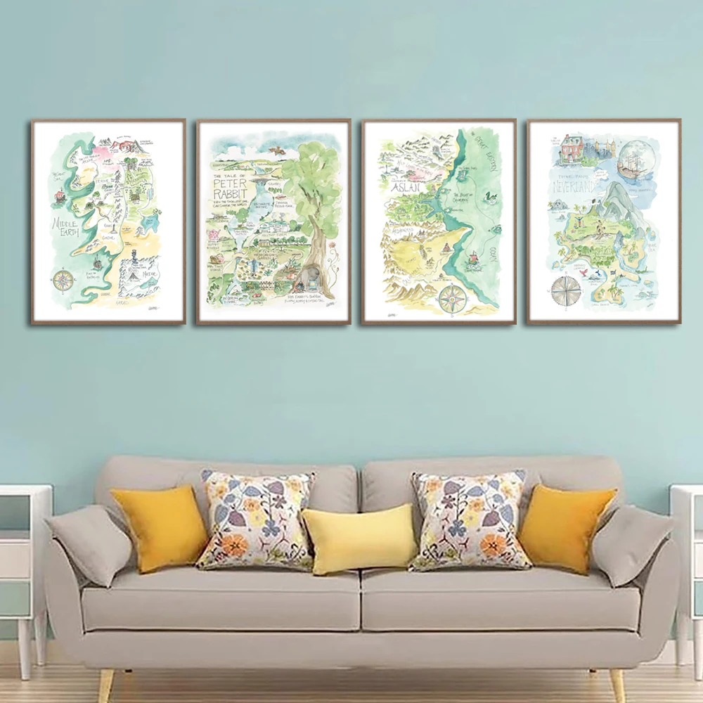 Peter Pan's Neverland Middle Earth Watercolor Map Art Painting Canvas Poster Print Living Room Home Wall Decor Pictures Cuadros