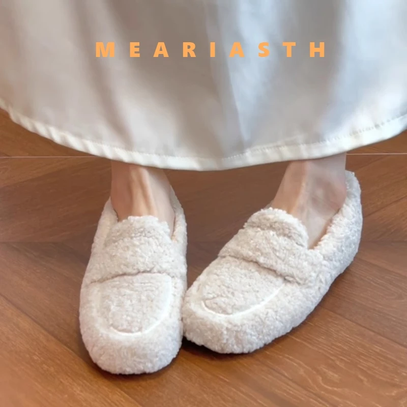 Lamb wool Winter Slip On Moccasins Femme Curly Fur Flats Woman Warm Plush Loafers Winter Cotton Shoes Women Furry Snow Boots