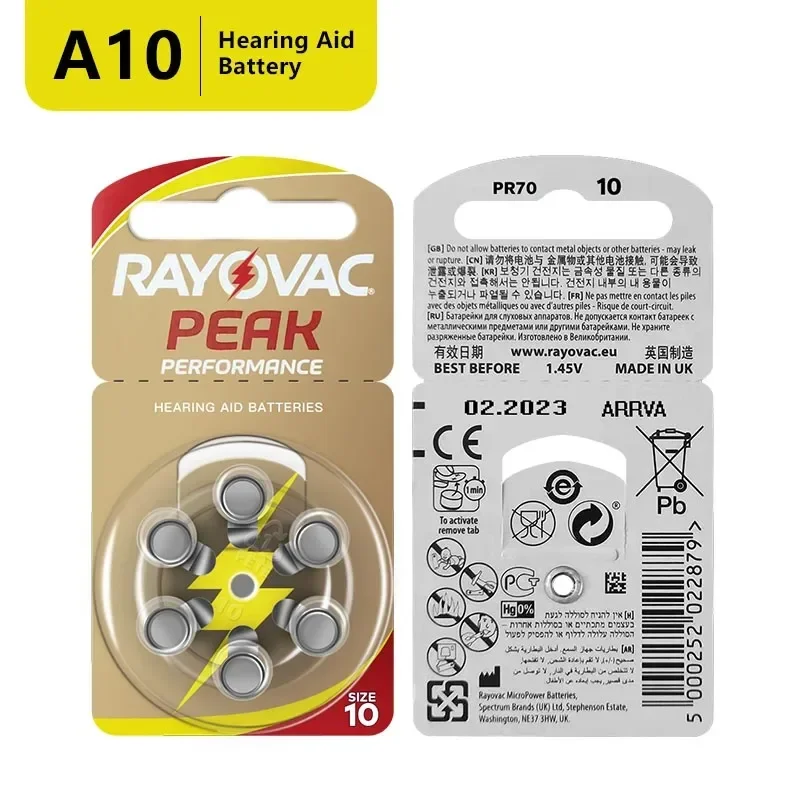 RAYOVAC 피크 보청기 배터리, 보청기용 고성능 아연 공기 배터리, A10 ZA10 10A P10 PR70, 120 개, 20 카드