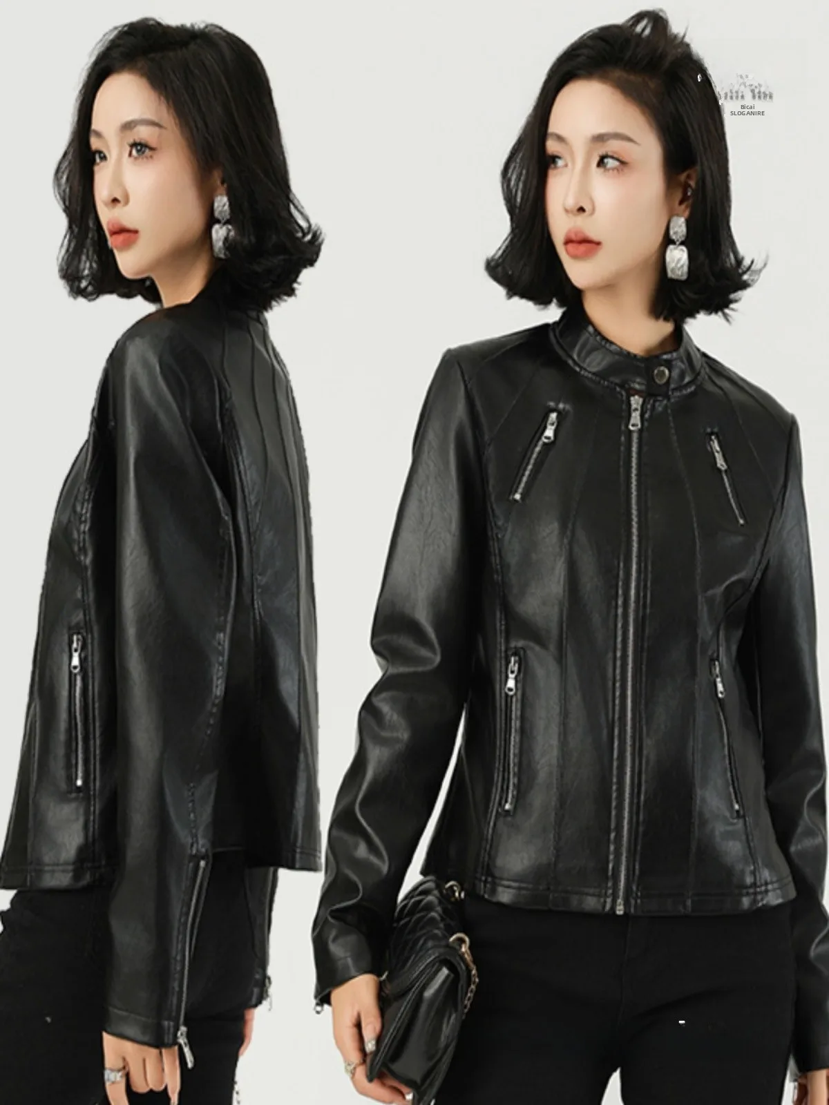 Jaet in pelle da donna slim fit Sentimenti di fascia alta Faion da donna transfrontalieri con cerniera lunga colletto alla coreana in pelle PU