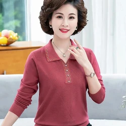 Middle-aged Elderly Women's Knitted Sweater Autumn Long-sleeved Lapel Pullovers Female Elegant Knitwear Mother Sweaters Jumper