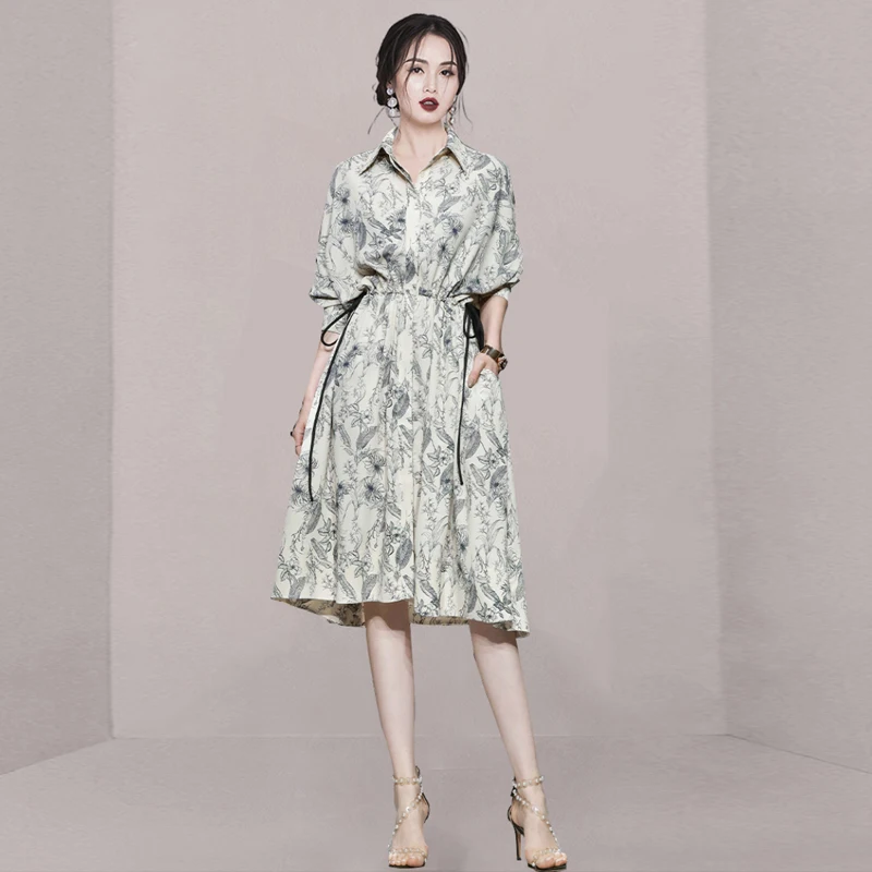 

Элегантное летнее платье-рубашка с завязками на талии для фигуры типа «груша», с завышенной талией, для офиса и повседневной носки