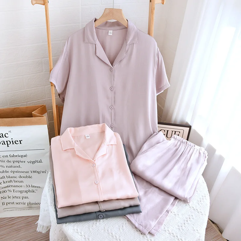 2024 New Summer Couple Sleepwear Set Viscous Fiber Gongsatin Thin Short sleeved Long Pant Two piece Solid Color Home Fury Set