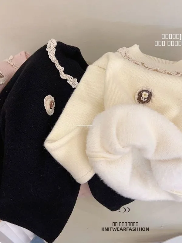 

Зимний вязаный базовый свитер Fce на подкладке для девочек, повседневный свободный крой с цветочным узором, круглый длинный свитер све