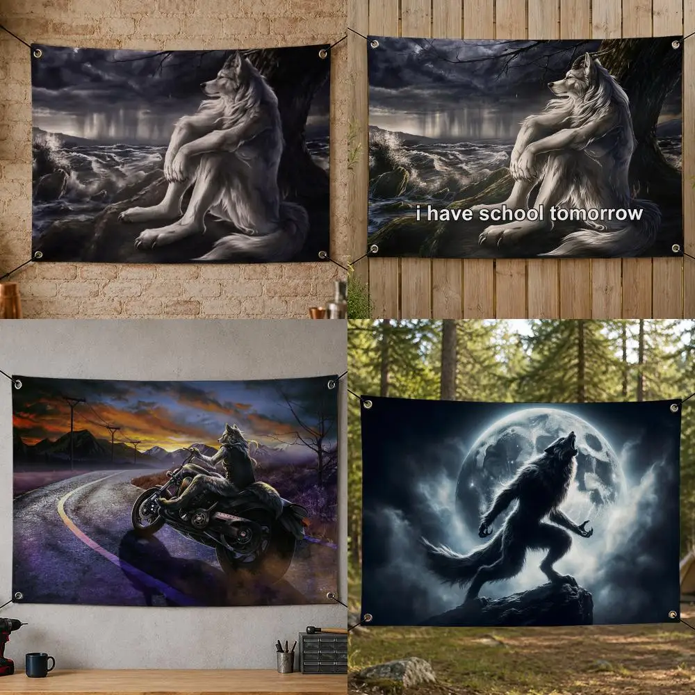Art E-Emo Sitting Werewolf Flags Flag Banner for Bedroom Dorm Party Home Living Room Game Room Gift