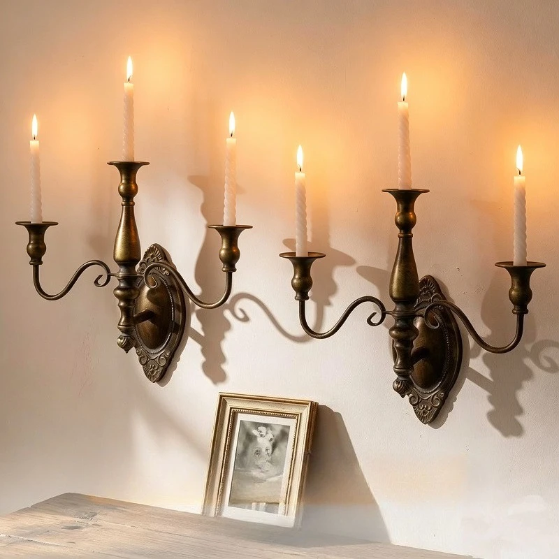 Antique Bronze Wall Mounted Candle Holder Branch Shaped Multi Headed Wrought Iron Villa Courtyard Wall Decoration Candle Holder