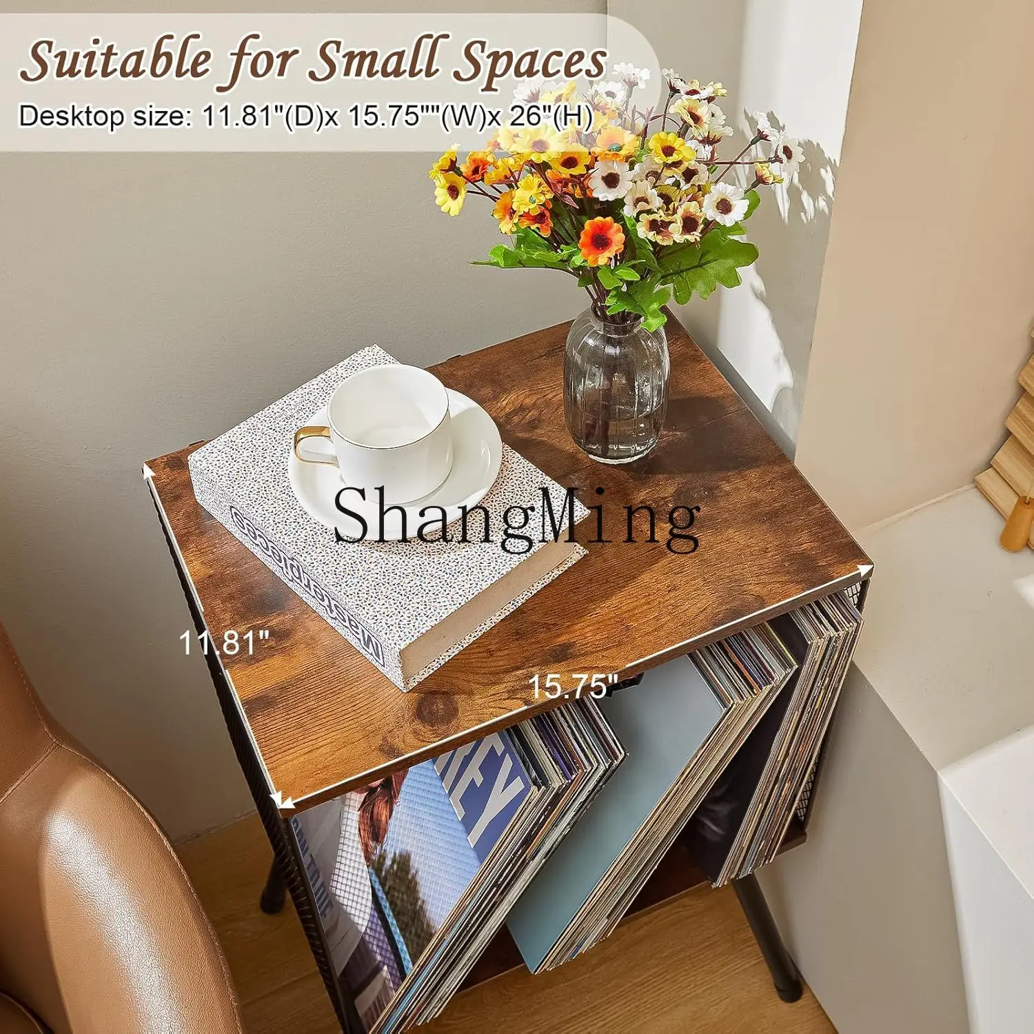 SM Home Simple Retro Compact Phono Table Vinyl Record Storage Rack Adjustable Baffle