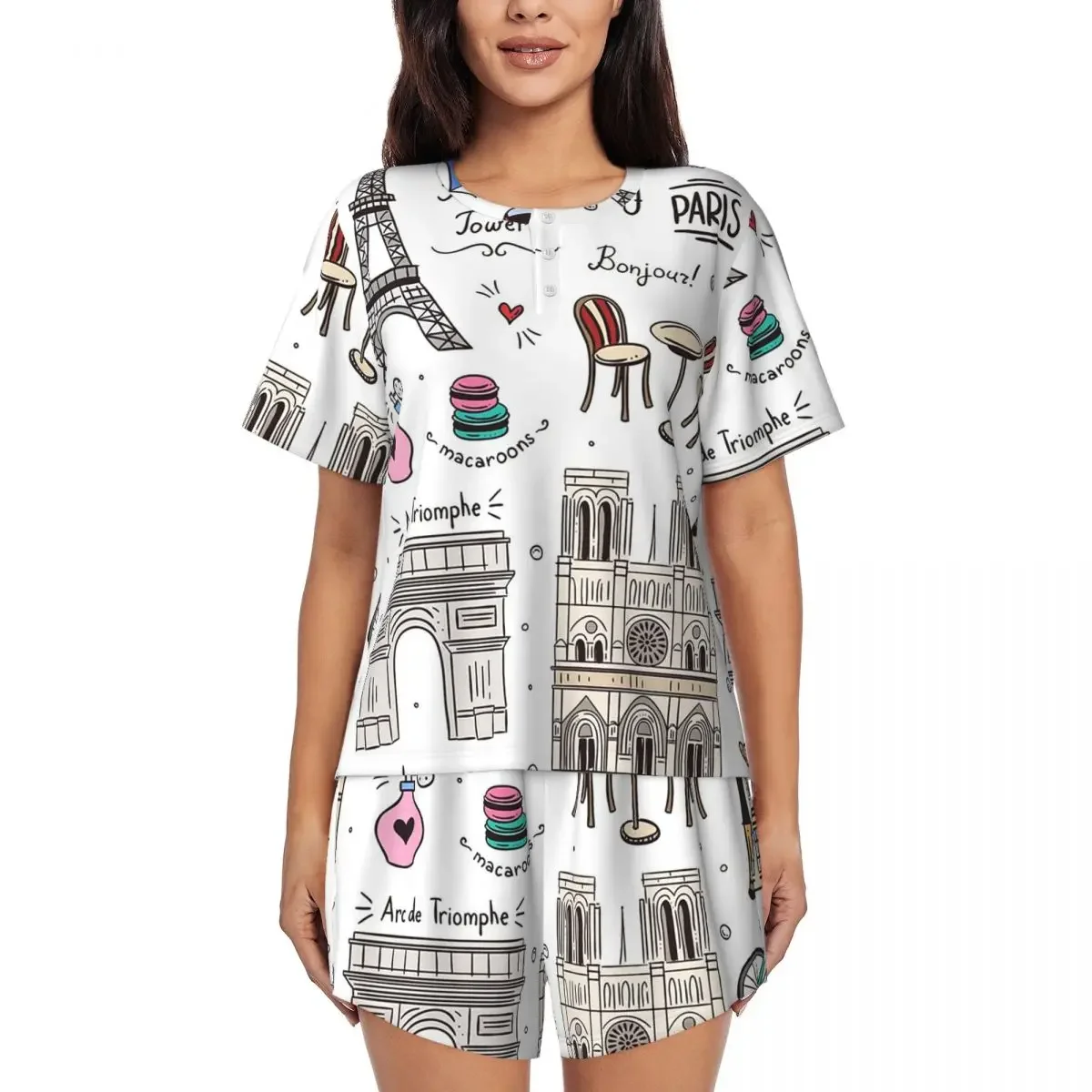 

Paris Pattern Colors Round Neck Short Sleeve Nightgowns for Sleeping Sleepshirts Women Soft Pajama Set Short Pants
