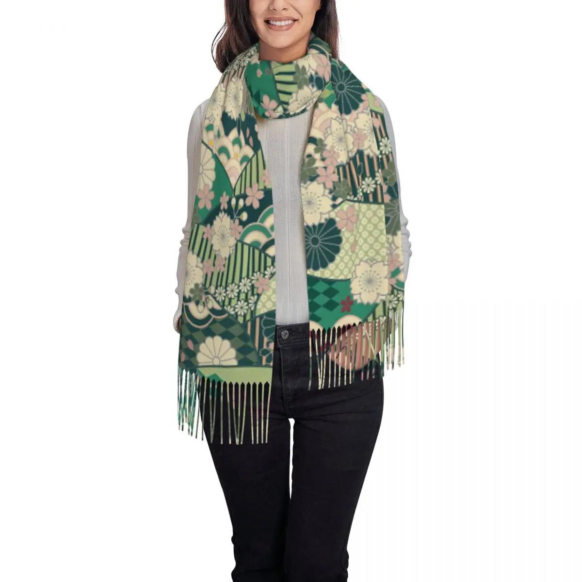 كيمونو ياباني نمط وشاح شرابة الأوشحة النساء شالات دافئة ناعمة ويلتف طويل الخريف الشتاء شال التفاف #4