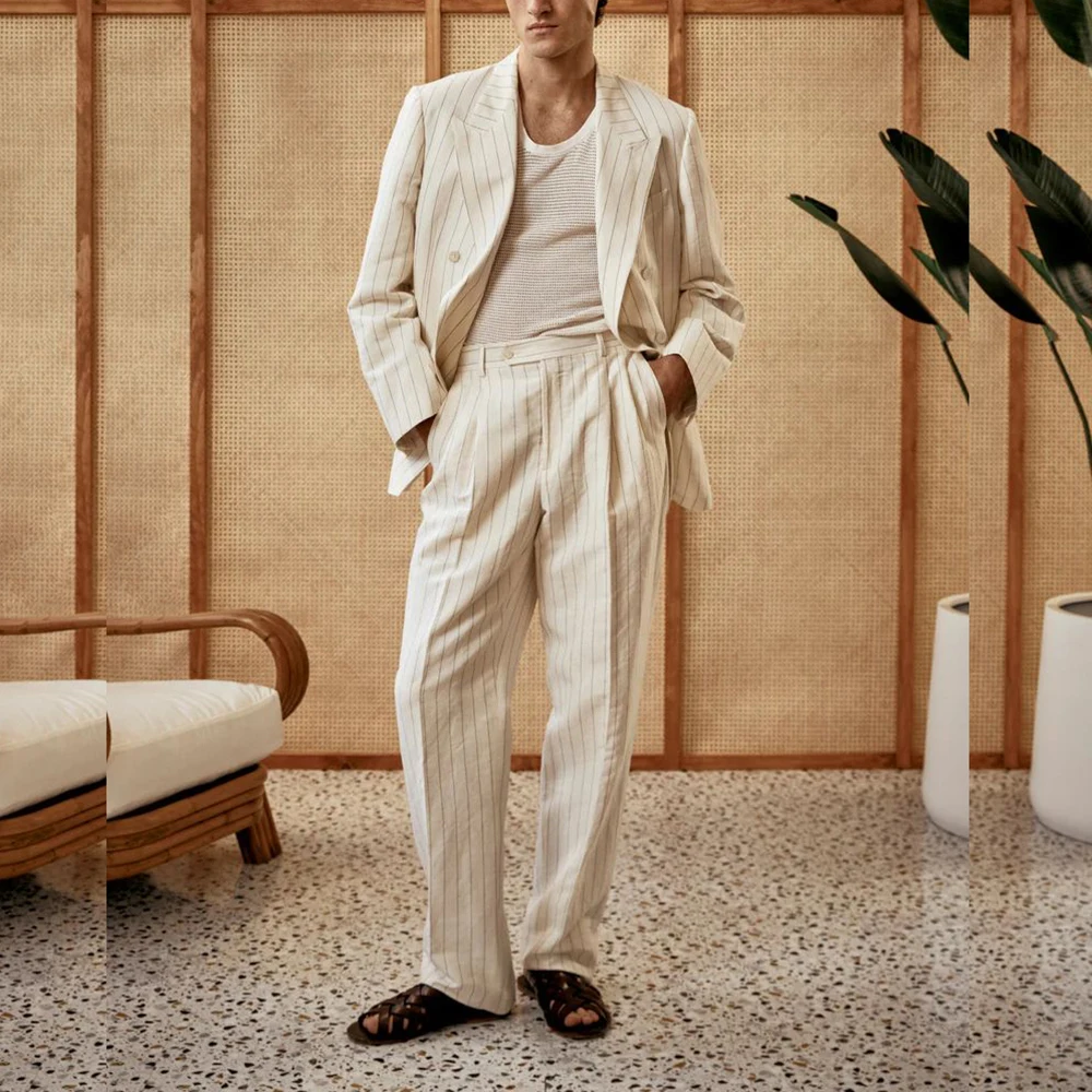 

Fashion Beige Stripe Men's 2 Pieces Suit Set Peak Lapel Double Breasted Blazer Pant Set Beach Outdoor Party Wedding Office Daily
