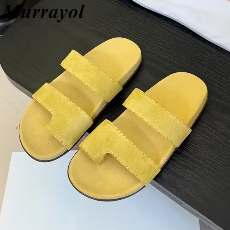 New Women Open Toe Solid Color Slippers Pinch Toe Genuine Leather Thick Bottom Slippers  Summer Outdoor Vacation Beach Shoes