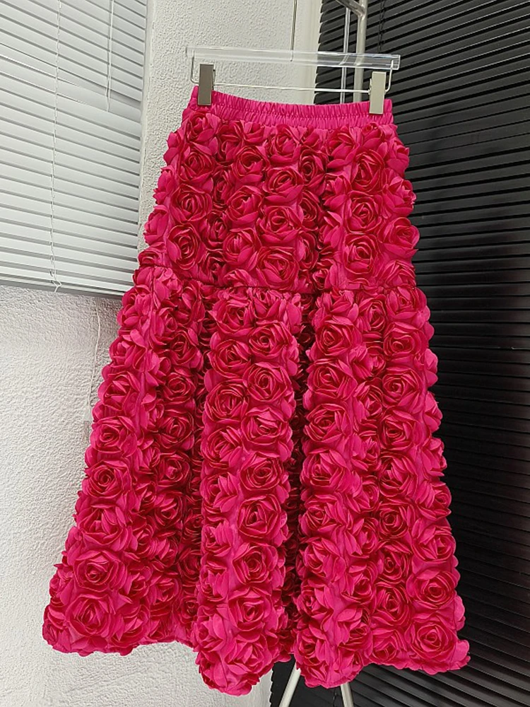 [EAM] High Elastic Waist Rose Red Flower Shaped A-line Elegant Half-body Skirt Women Fashion Tide New Spring Autumn 2025 1DH8545