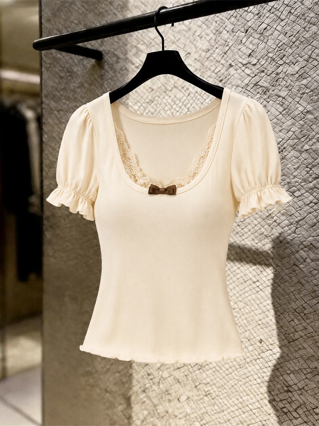 

Summer Lace Bubble Sleeve T-Shirt Overhead Waist Cinching Short Sleeve Skin-friendly Simple Style Women's Korean Version Slim...