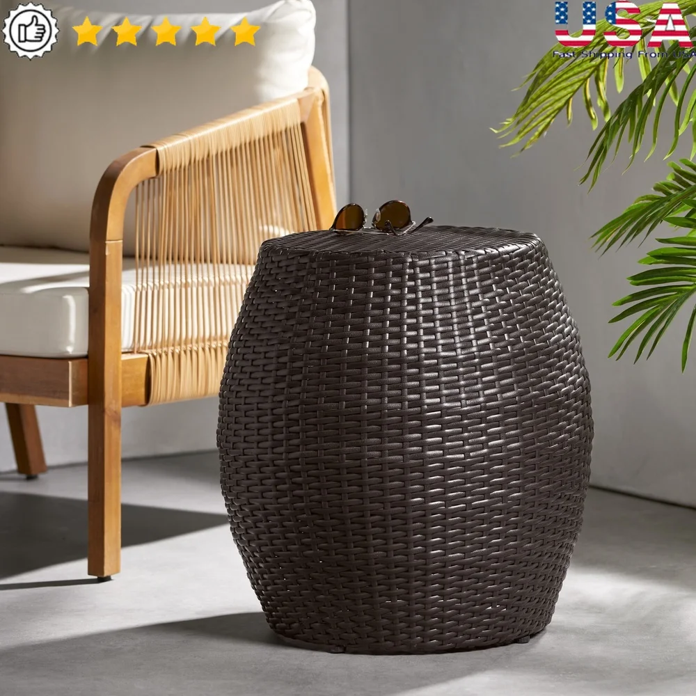 

Outdoor Wicker Side Table 14 Inch Durable Iron Frame Patio Furniture Handcrafted Polyethylene Multibrown Ideal Yard