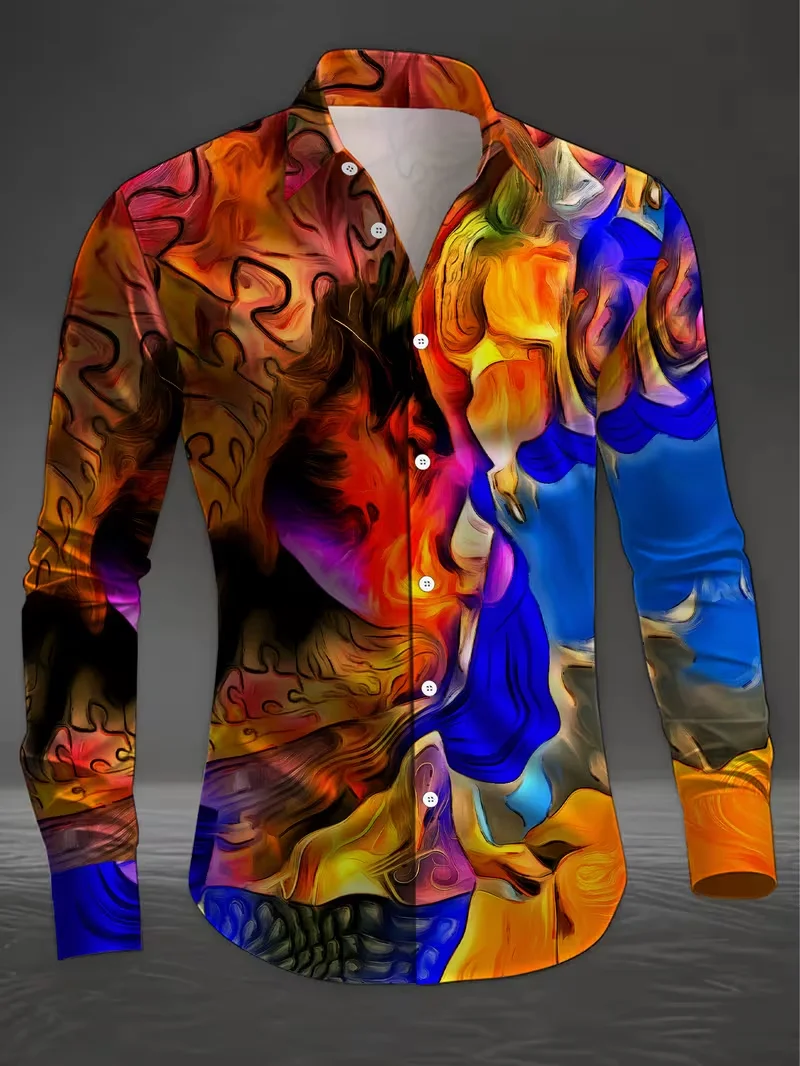 New Men's Long Sleeved Shirt with 3D Color Ink Print Design, Fashionable and Luxurious Print, Comfortable and Soft Top