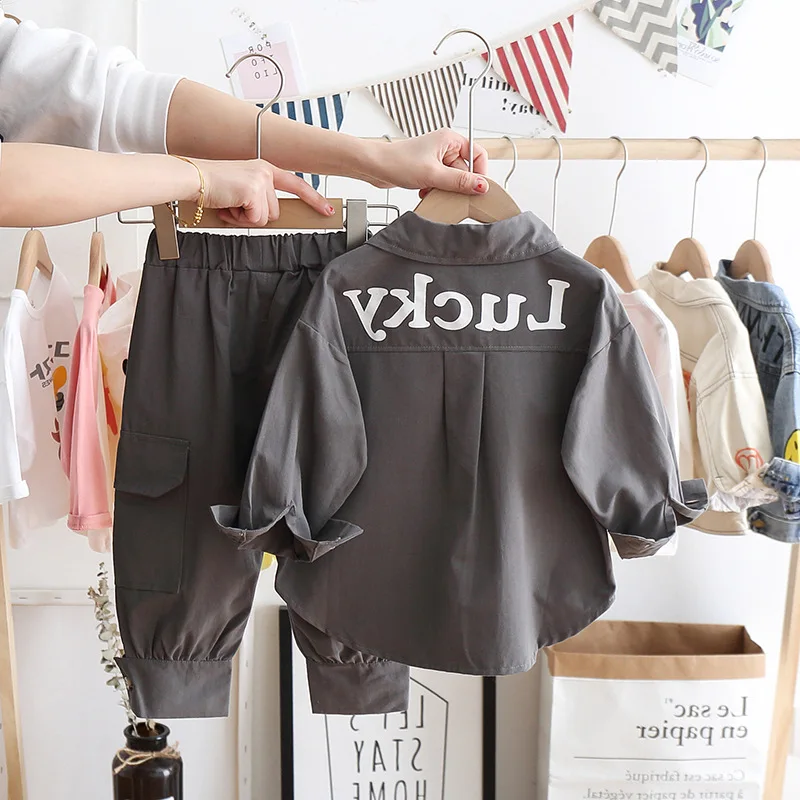 2Piece Spring Fall Baby Clothes Toddler Boy Outfit Set Korean Fashion Casual Letter Tops+Loose Pants Boutique Kid Clothing BC655