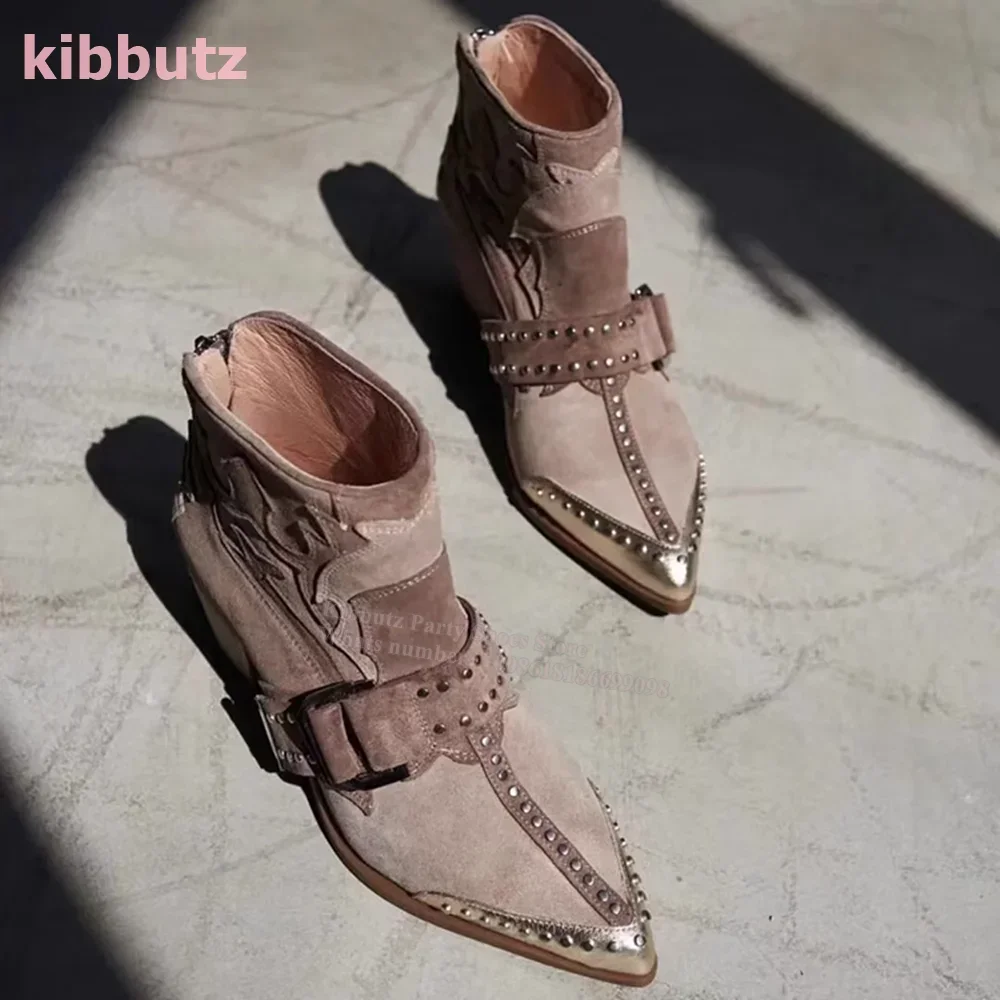 

Suede Rivet Ankle Boots Belt Buckle Cowboy Pointed Toe Square Heel Mixed Colors Back Zipper Sexy Concise Fashion Women Shoes New