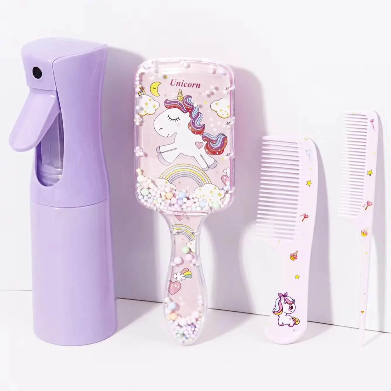

4pcs hair styling set, delicate hair spray bottle, unicorn pattern hair brush, 2pcs comb set, special for real hair wigs