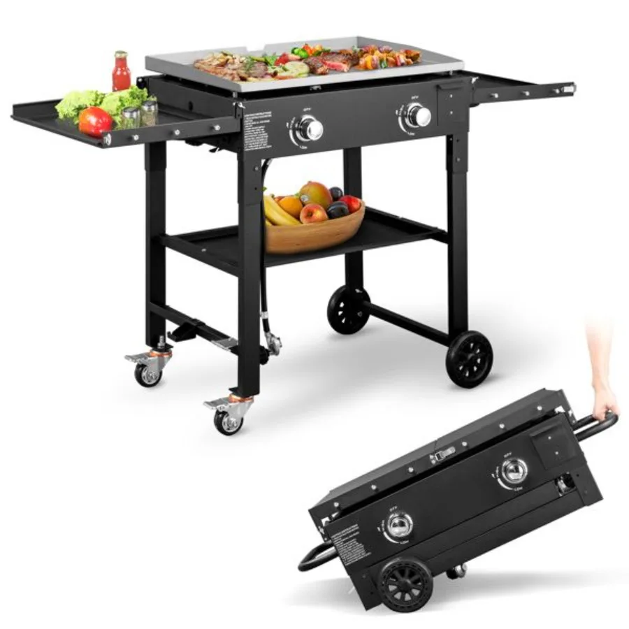

Foldable 2Burner Flat Top Gas Griddle Cooking Station Propane Fuelled Griddle Station with Side Shelves for Outdoor Barbecue Ba