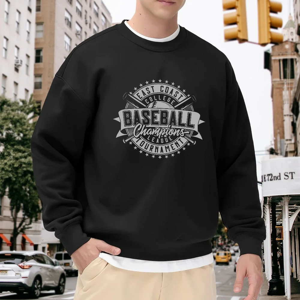 

Men's Black Crew Neck Loose Sweatshirt, American Baseball Print Casual Top, Versatile for Daily Street Sports, Comfortable, Breathable, Trendy Pullover