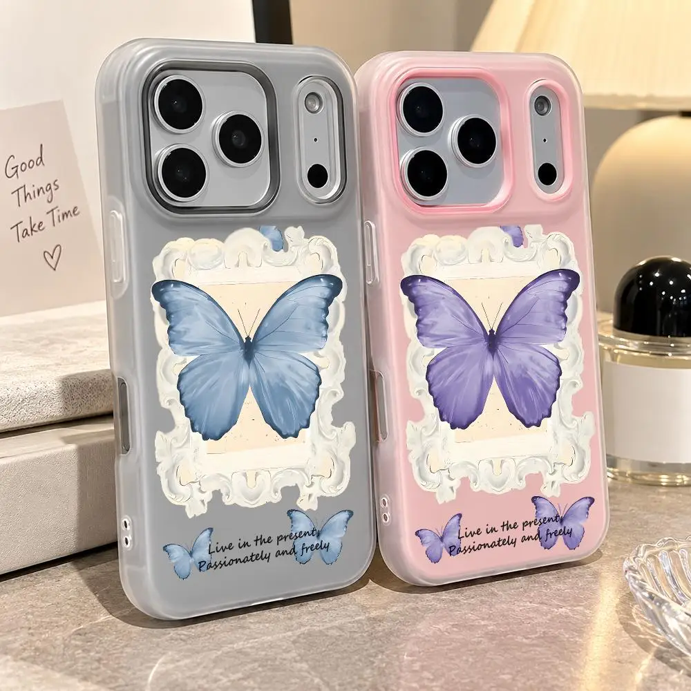 Blue Butterfly Ornate Frame Phone Case For IPhone18 17 16 15 14 13 12 Pro Max Plus Mini Case Clear Jelly Shockproof Soft Cover