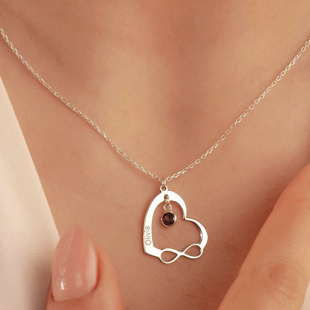 

Infinity Heart Birthstone Necklace Custom Jewelry Engraved Date Name Necklaces Women Birthday Gift for Granddaughter Daughter
