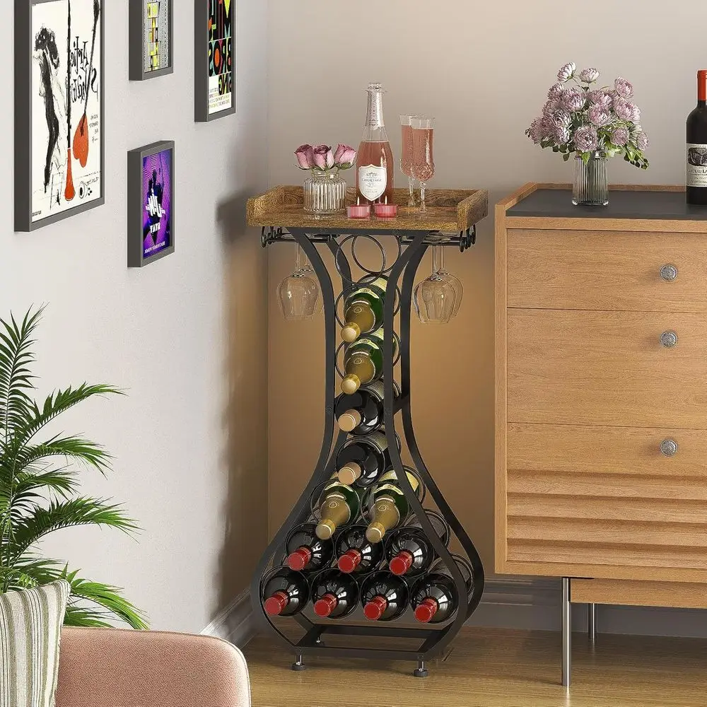 Floor Standing Mini Bar with 14-Bottle Wine Rack and Glass Holder for Home Bar, Kitchen, Living Room