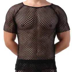 Summer New Mens T Shirts Sexy Mesh See-Through T-Shirts Short Sleeve Men's Clothes Tops Tees Bottoming Shirt O-neck Tshirt