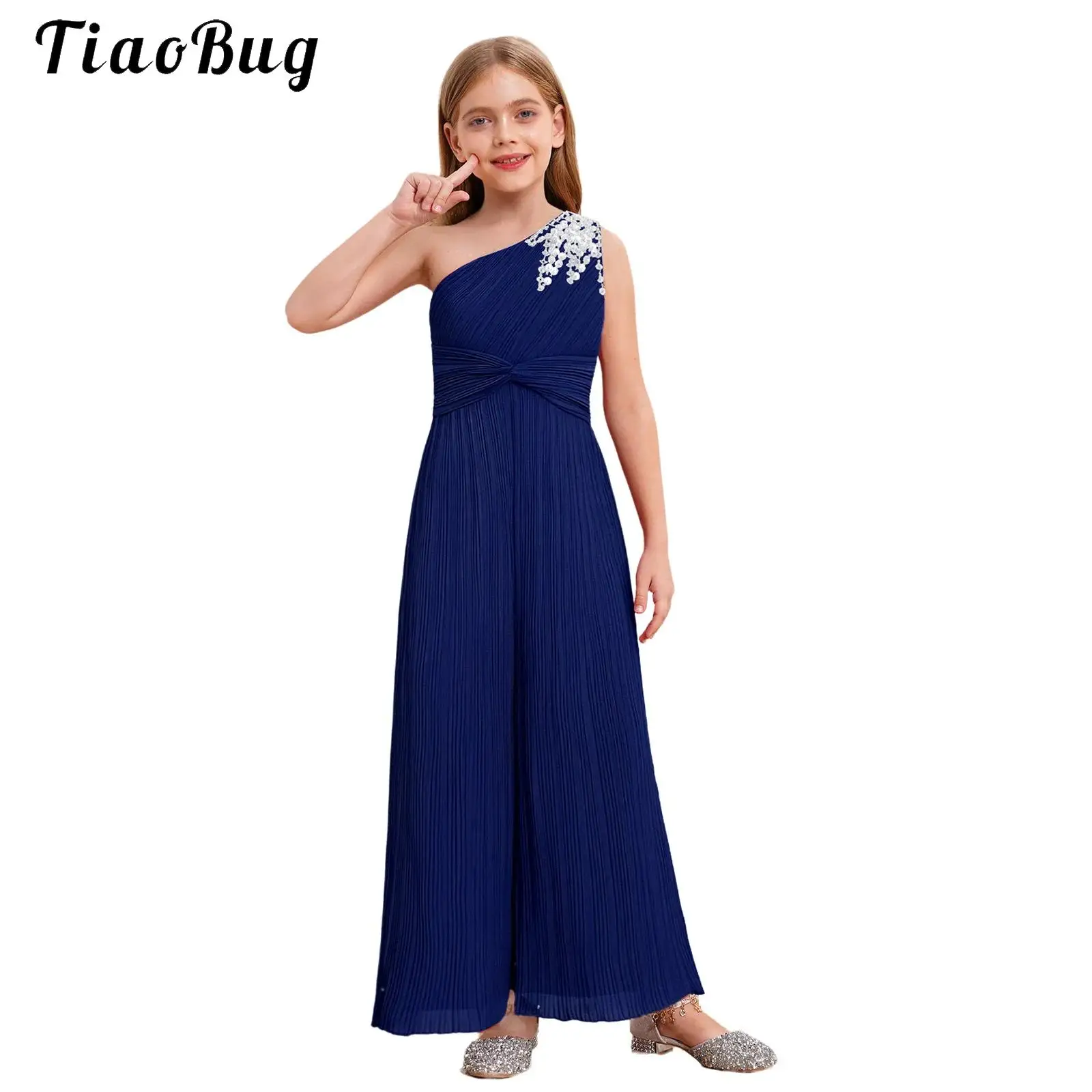 

Kids Girl Pleated Jumpsuit One Shoulder Sleeveless Sequins Party Rompers Flower Girl Trouser Suit Wide Leg Occasion Jumpsuit