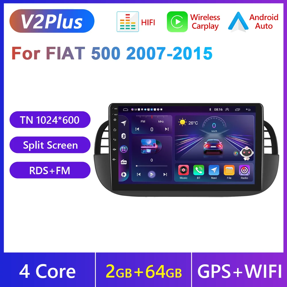 Podofo 2 Din WIFI Autoradio Voor FIAT 500 2007-2015 Draadloze Carplay Android Auto Multimedia Speler Mirrorlink autoradio