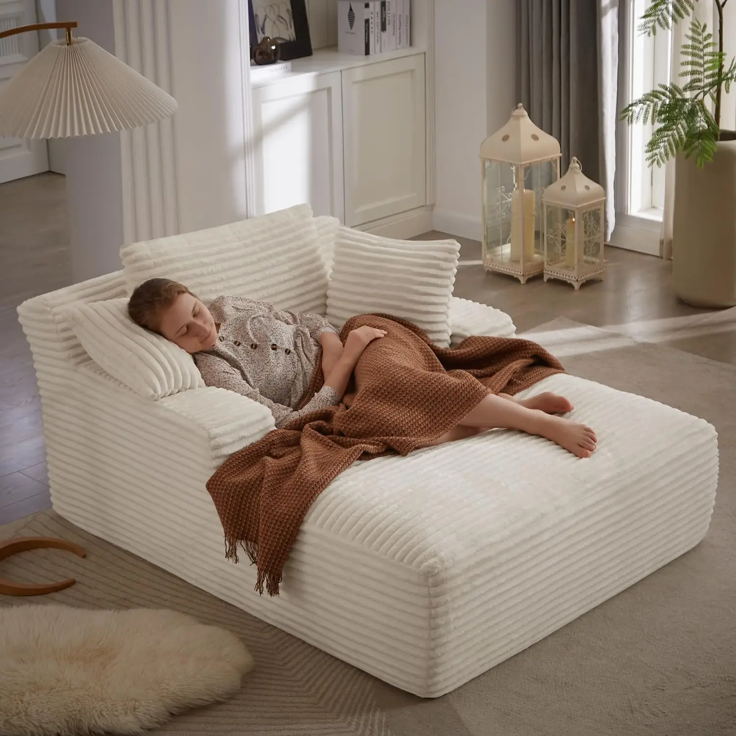 

ivoros 50 Inch Chaise Lounge Chair Indoor, Oversized Corduroy Upholstered Boneless Sofa Bed, Deep Seat Sleeper Couch Reading Cha
